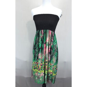 Boho Peacock Print Smocked Strapless Short Dress / Midi Skirt Flowy Resort OS
